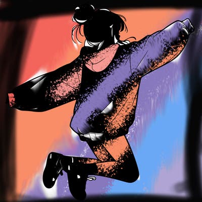 realistic girl jumping with a bun and oversized sweatshirt