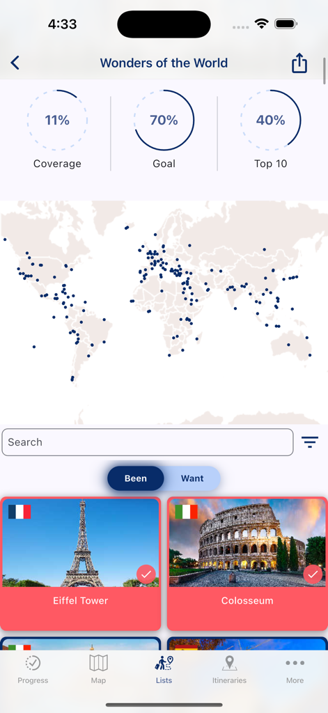 Visited: Travel Tracker & Map - A travel tracking app interface displaying a world map and a checklist of global wonders like the Eiffel Tower and Colosseum.