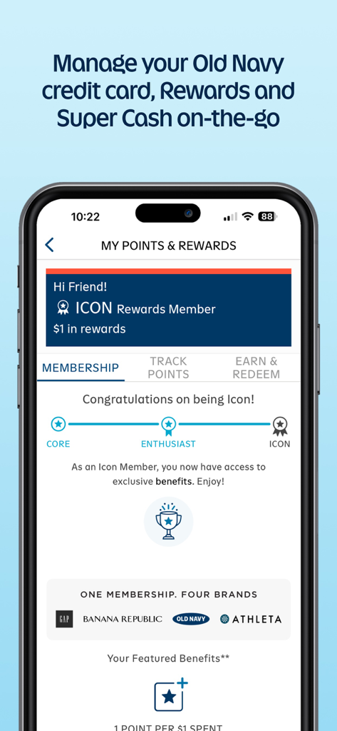 Old Navy mobile app My Points and Rewards screen showing loyalty membership levels