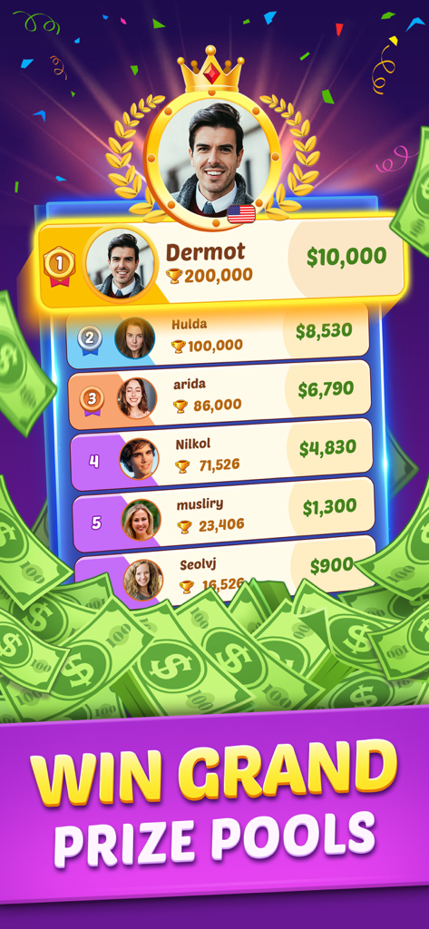 A leaderboard in the Bingo of Cash app showing top players and their cash prize winnings.
