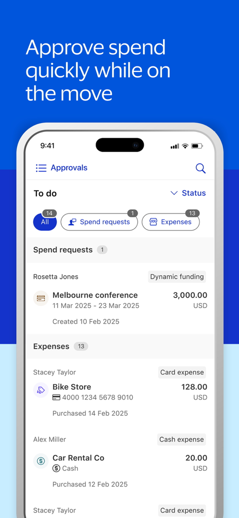 Spend Clarity Enterprise - Mobile app interface of Spend Clarity Enterprise displaying a list of pending expense approvals and spend requests for managers.