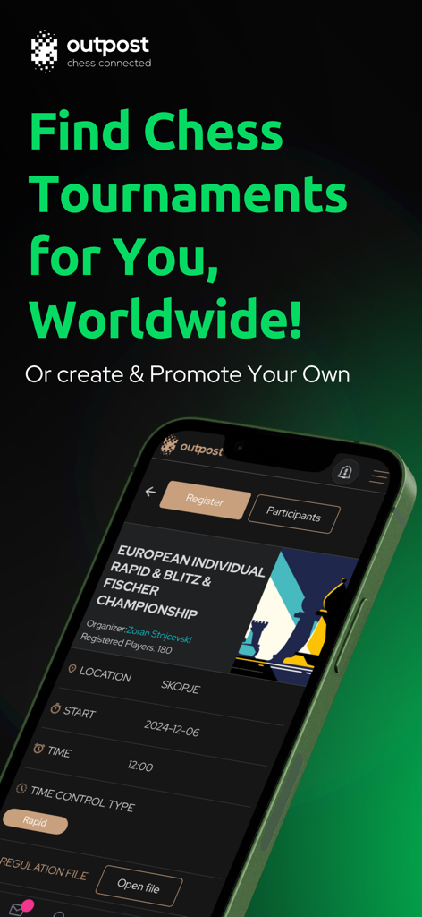 Outpost Chess - Tela do aplicativo Outpost Chess mostrando detalhes e registro para um torneio de xadrez mundial