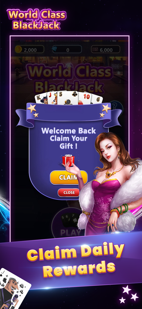 Poker Slots BlackJack 21 - Una pantalla de bienvenida en la app Poker Slots BlackJack 21 que muestra una recompensa de regalo diario y una mujer en atuendo formal.