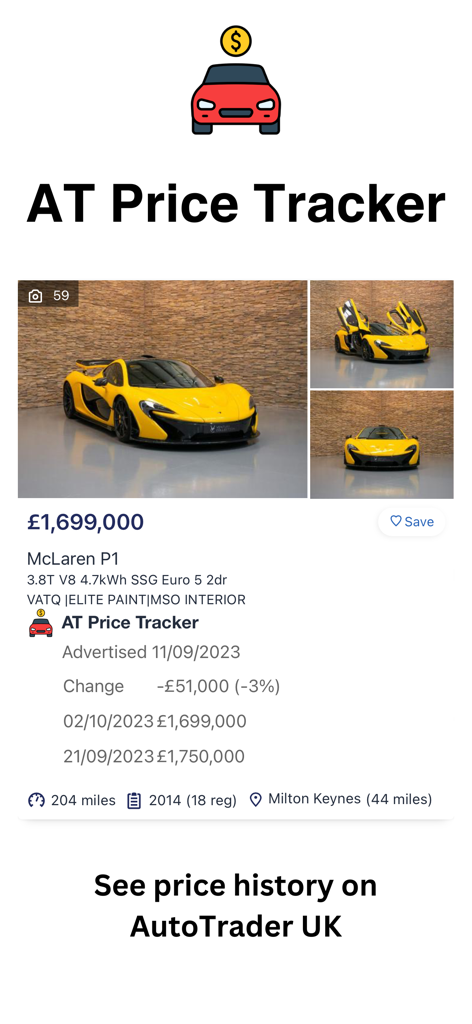 AT Price Tracker app interface showing price history and reductions for a McLaren P1 on AutoTrader UK