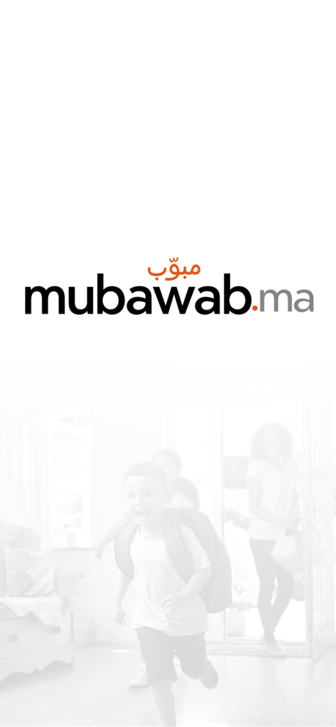Splash screen of the Mubawab real estate app for Morocco featuring the logo and a happy family at home.