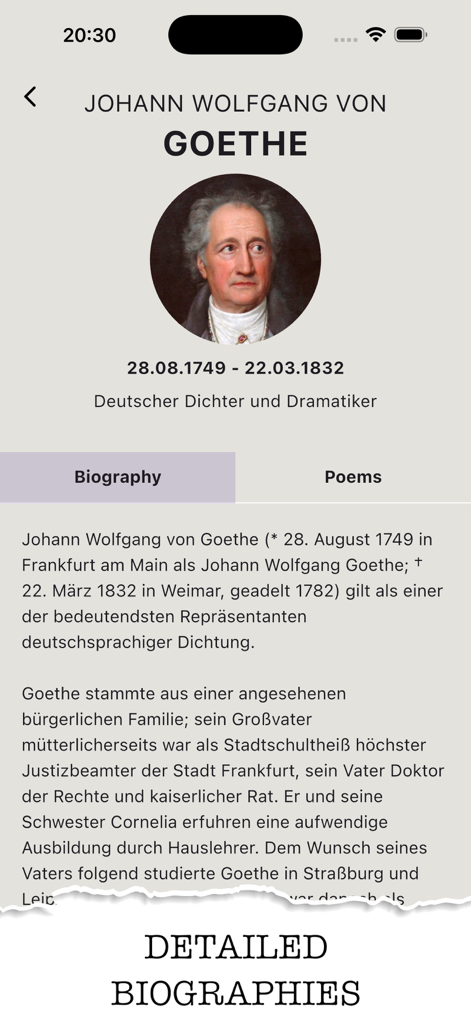German poetry - Detailed biography of Johann Wolfgang von Goethe in the German Poetry app