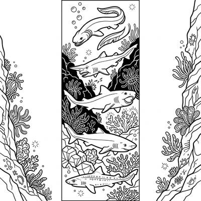 Discover the mysteries of the deep ocean with this captivating deep-sea sharks bookmark coloring page. Featuring various unique species amidst intricate underwater scenery, it's perfect for creating a personalized bookmark and exploring marine life.