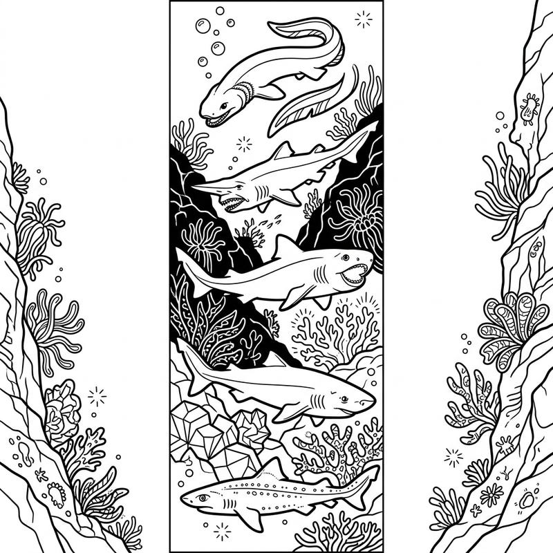 Discover the mysteries of the deep ocean with this captivating deep-sea sharks bookmark coloring page. Featuring various unique species amidst intricate underwater scenery, it's perfect for creating a personalized bookmark and exploring marine life.