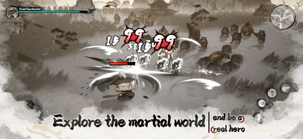 Wuxia Rising Star - A gameplay screenshot of Wuxia Rising Star showing a swordmaster battling a pack of wolves in a stylized ink-wash art style.
