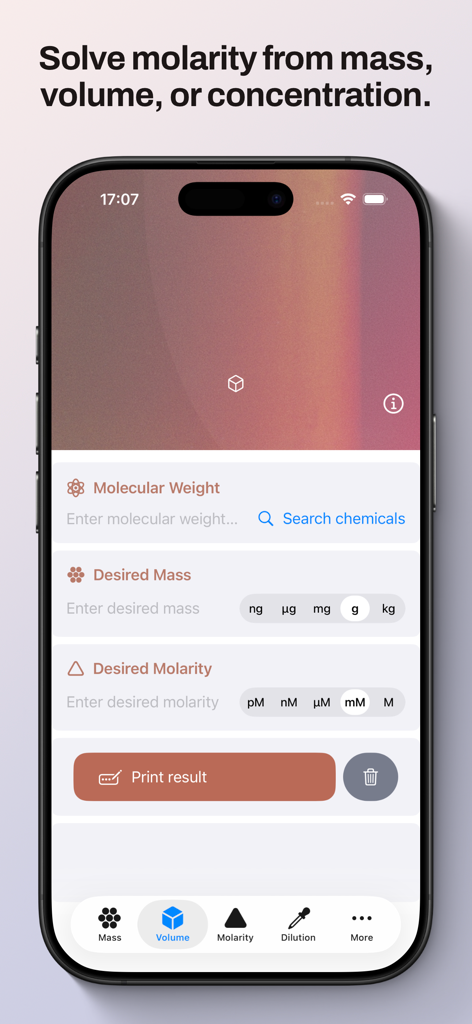 Lab Mate — Molarity & Dilution - 質量と体積の入力からモル濃度を計算するためのLab Mateアプリのインターフェース