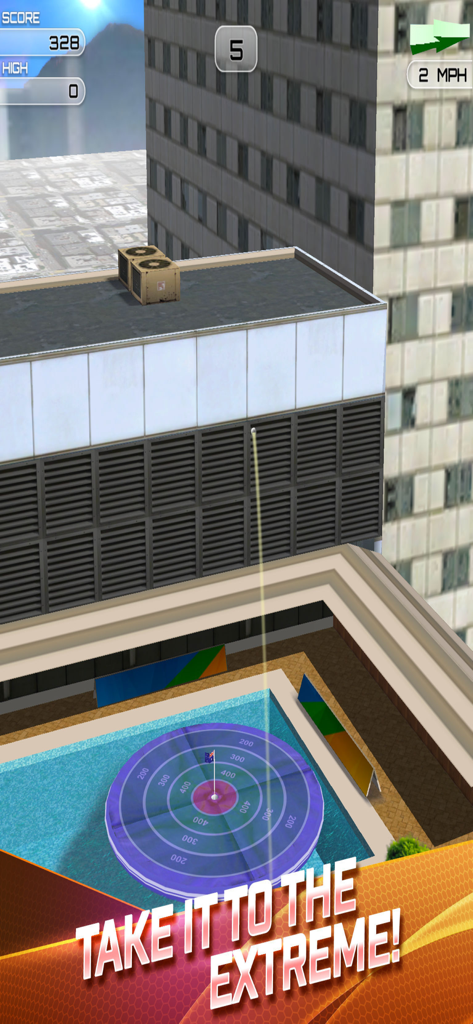 Flick Golf Extreme - Arcade golf gameplay showing a ball flying from a skyscraper rooftop toward a pool target