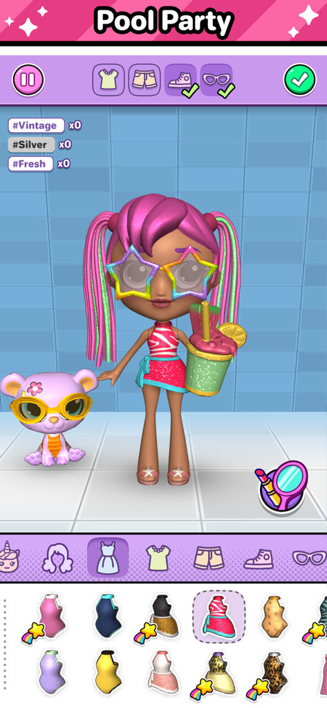 Go! Dolliz: Doll Dress Up Game - Una muñeca 3D y su oso mascota en una escena de moda de fiesta en la piscina