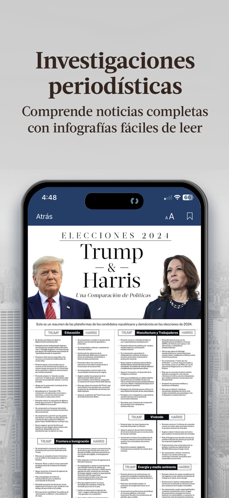 El Epoch: Últimas Noticias - Infografía comparativa de las políticas de Trump y Harris en la aplicación El Epoch