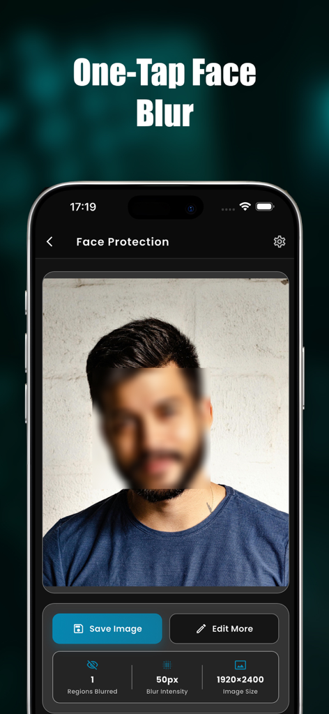 Mobile app interface of PrivacyBlur showing a one-tap face blur feature on a man's portrait with editing options.