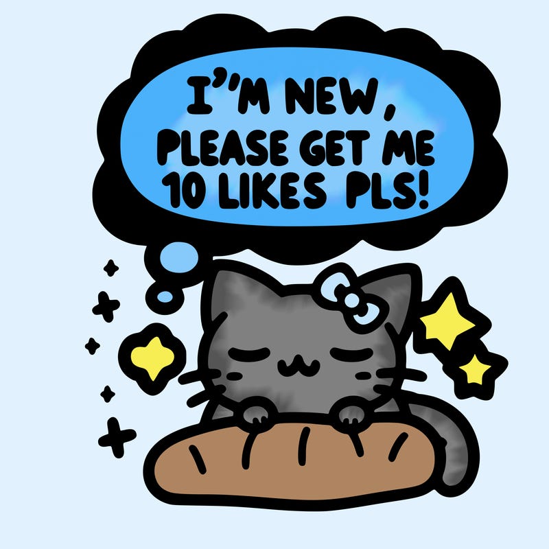 kitty taking a nap dream talking and saying "i'm new, please get me at least 10 likes pls!!"