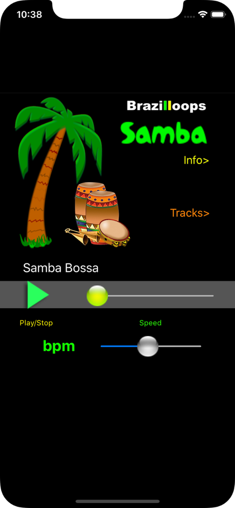 Interfaz de la aplicación Brazilloops Samba mostrando controles de reproducción de música y ajuste de velocidad de BPM para loops de percusión brasileña