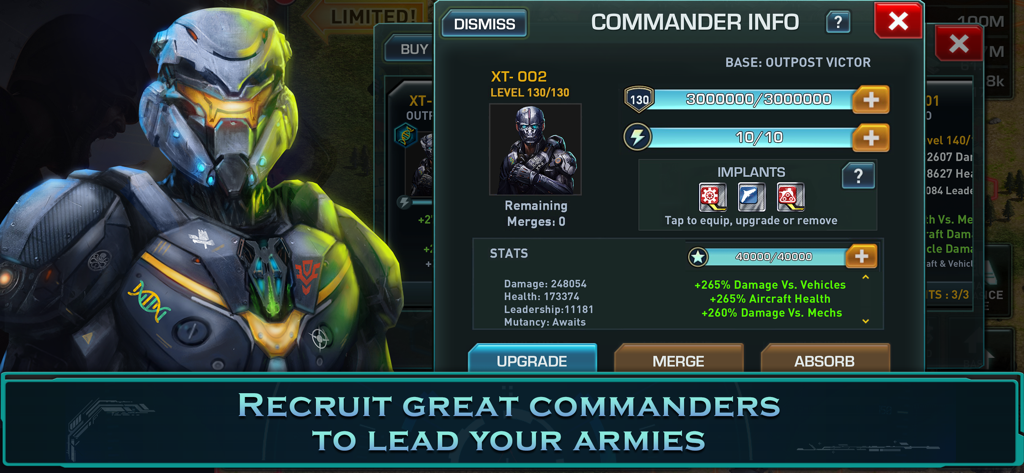 War of Nations: PvP Conflict - Tela de informações do comandante de War of Nations mostrando estatísticas de soldados de alta tecnologia e opções de atualização