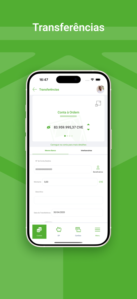 Interface da aplicação móvel Caixanet mostrando um formulário de transferência de dinheiro com detalhes da conta e saldo em Escudo cabo-verdiano