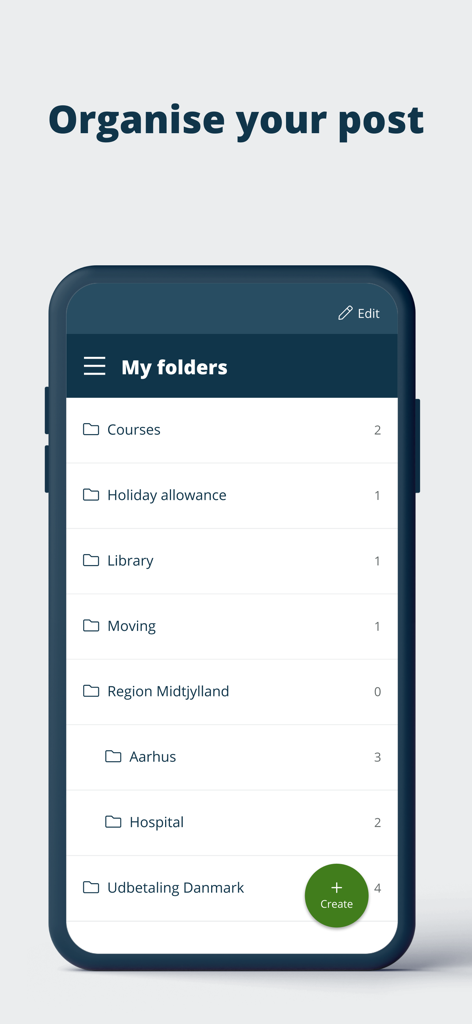 Digital Post app screen showing various folders to organize official Danish government correspondence.