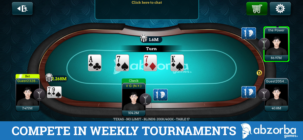 Gameplay de Poker Live Omaha and Texas mostrando uma mesa de torneio com avatares de jogadores e cartas