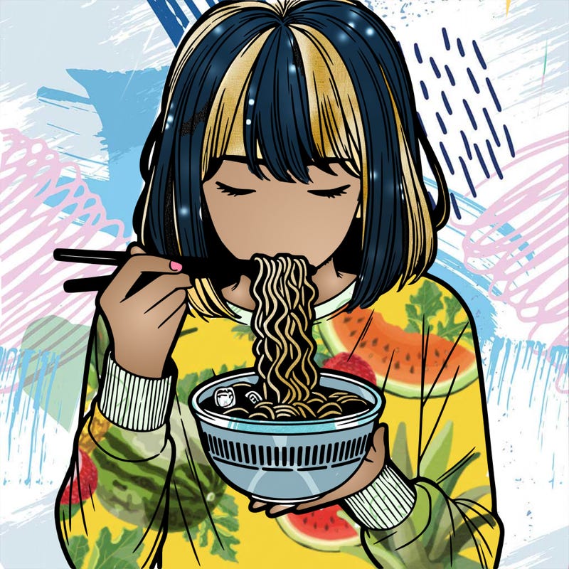 a girl realistic eating ramen noodles