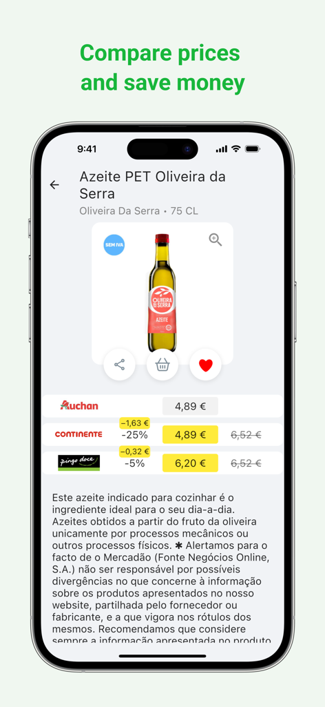 Preço Fresco: Compare prices - Ecrã de uma aplicação móvel mostrando uma comparação de preços de azeite em vários supermercados portugueses como o Auchan e o Continente.