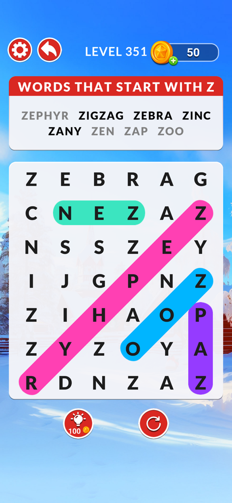 Word Search Puzzle - Scenery - Juego de Sopa de Letras Paisajes en el nivel 351 con un tema invernal y palabras que comienzan con la letra Z.
