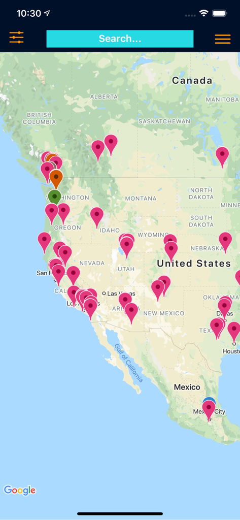 Chocolate Map - Mapa de América del Norte que muestra numerosos pines de ubicación para fabricantes de chocolate bean to bar en la aplicación Chocolate Map.