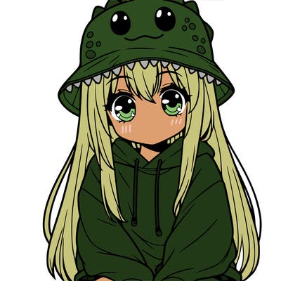 girl with anime shaped eyes with a dinosaur bucket hat oversized sweatshirt long straight hair