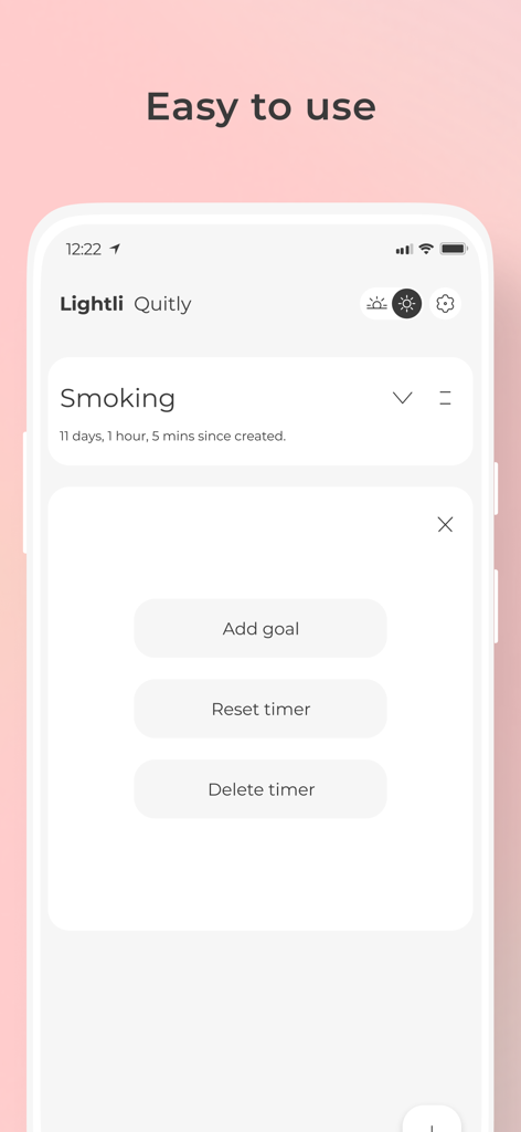 Quitly app interface displaying a smoking timer and goal management buttons