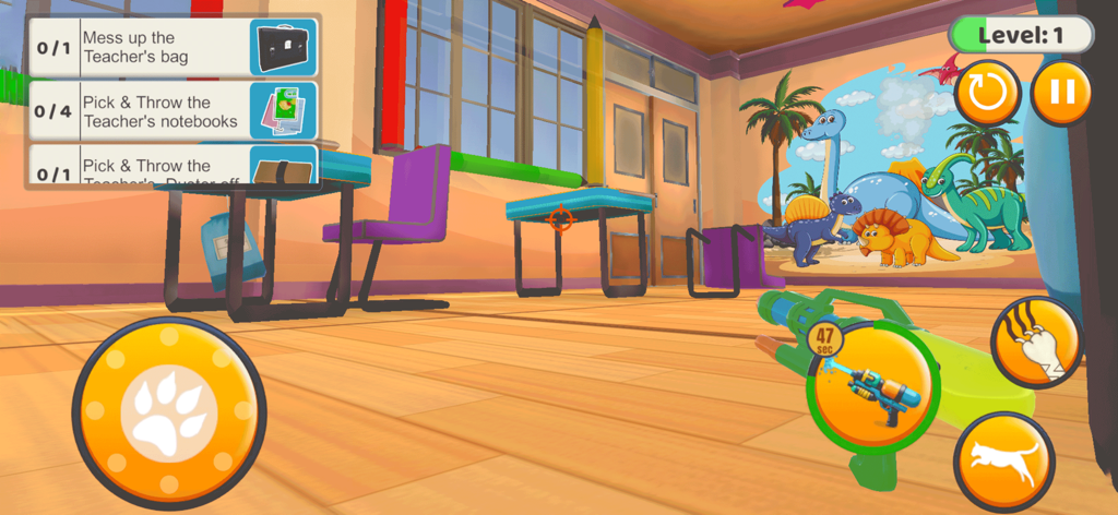 Kitty Punch : Cat Simulator - First person gameplay of Kitty Punch Cat Simulator showing mischief objectives in a colorful classroom