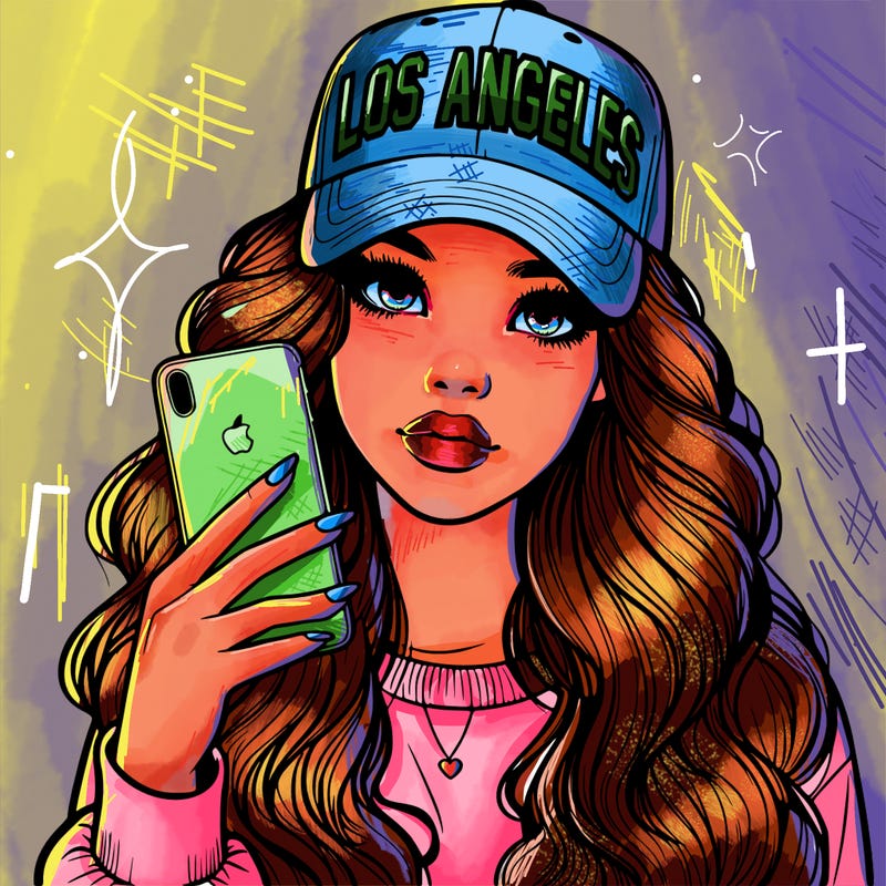 realistic beautiful girl wearing los ángeles cap holding an iphone