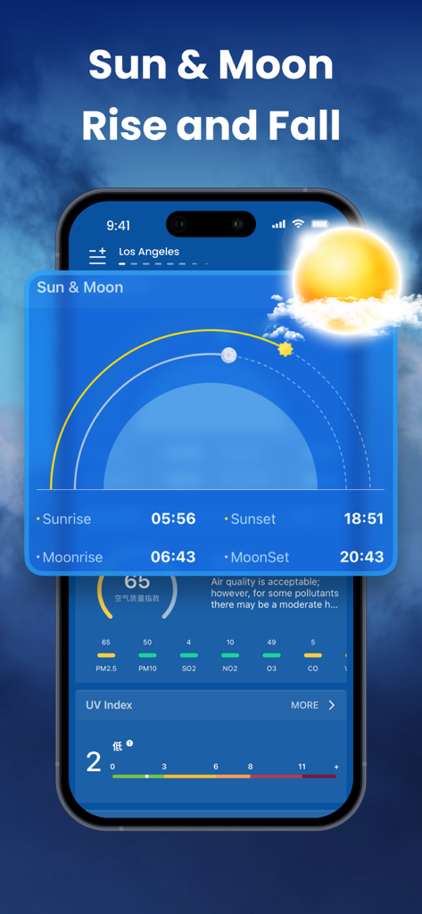Aplicación meteorológica que muestra datos de salida y puesta del sol, fases lunares, calidad del aire e índice UV.