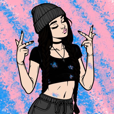 realistic teenage girl with braids and a beanie and crop top doing 🫶🏼