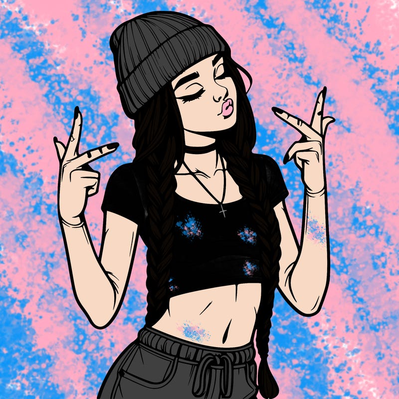 realistic teenage girl with braids and a beanie and crop top doing 🫶🏼