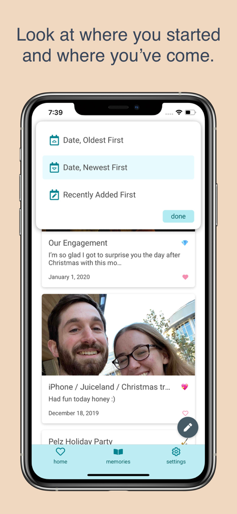 Twig - Journal for Couples - A smartphone displaying the Twig app memory feed with a sorting menu for shared couple entries
