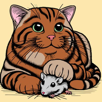 realistic cat with a mouses head poking out from underneath the cats paw