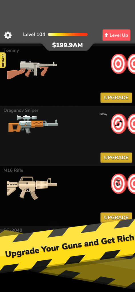 スナイパーライフルやM16などの様々な武器と、アップグレードボタン、ターゲットが表示されたGun Idleのゲームプレイ。