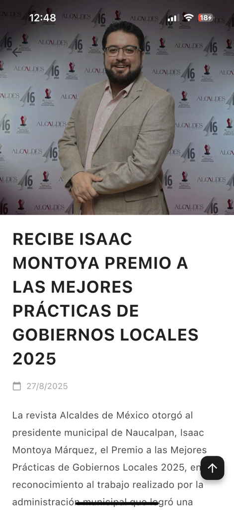 Un artículo de noticias dentro de la aplicación TvMex informando sobre Isaac Montoya recibiendo un premio a las prácticas de gobierno local.