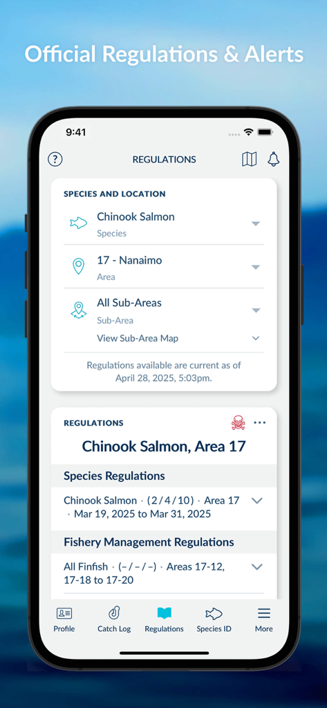 FishingBC - Screenshot of the FishingBC app showing official saltwater fishing regulations and alerts for Chinook Salmon in Nanaimo.