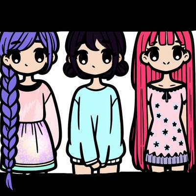 girl in a very long braid, girl with 2 side odangos, and a girl with strait long hair