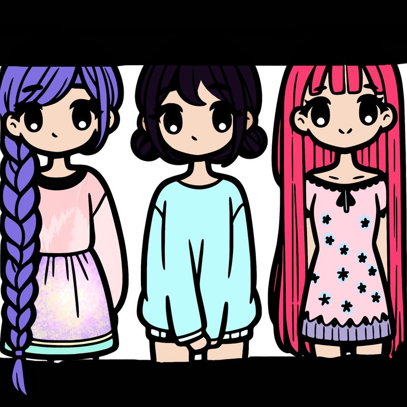 girl in a very long braid, girl with 2 side odangos, and a girl with strait long hair