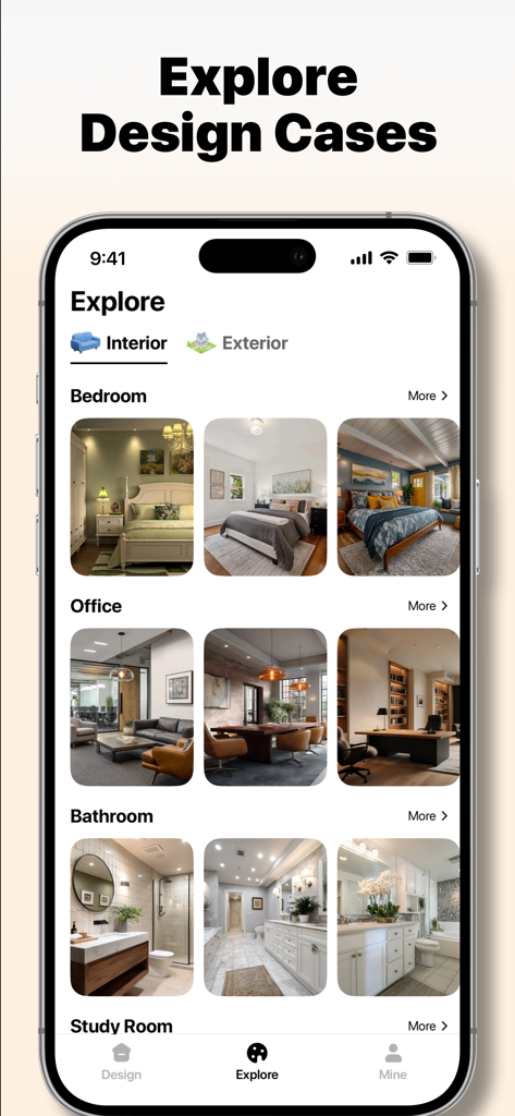 AI Home: Interior Design - The explore screen of the AI Home app displaying various interior design cases for bedrooms offices and bathrooms