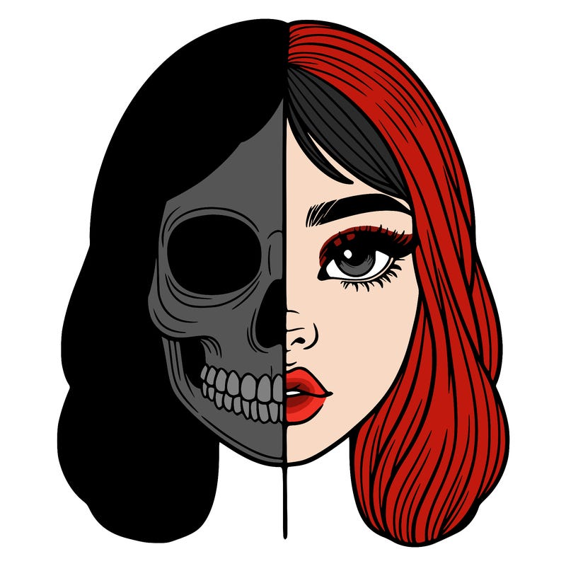 realistic girl with half face half skull