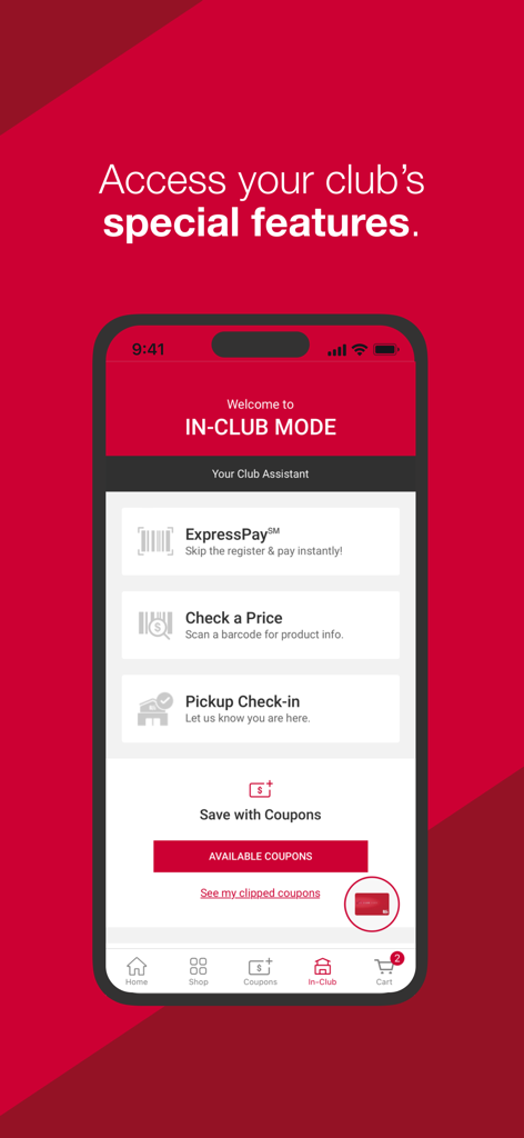 BJs Wholesale Club - BJ's Wholesale Club App zeigt Funktionen im Club-Modus wie ExpressPay und digitale Gutscheine an