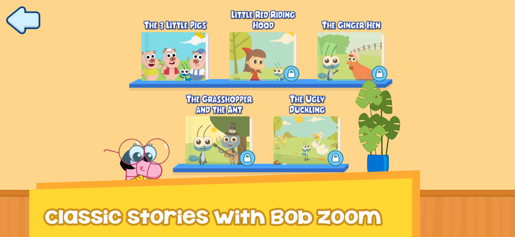 Estantería interactiva que presenta cuentos clásicos como Los Tres Cerditos y Caperucita Roja en la aplicación Bob Zoom.