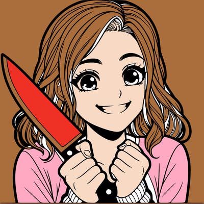 a realistic girl holding a knife and grinning