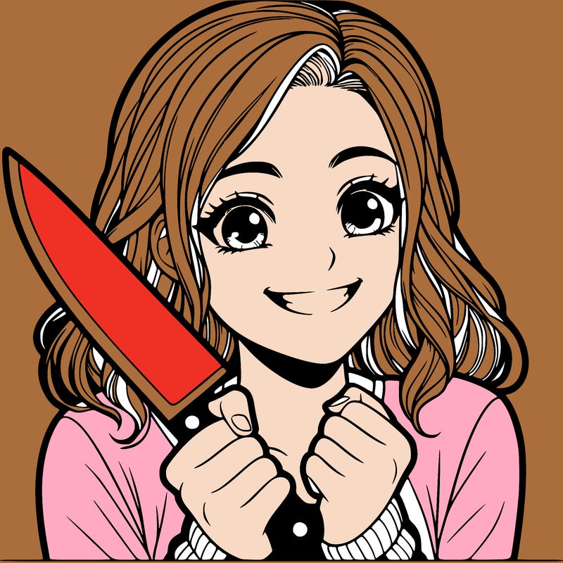 a realistic girl holding a knife and grinning
