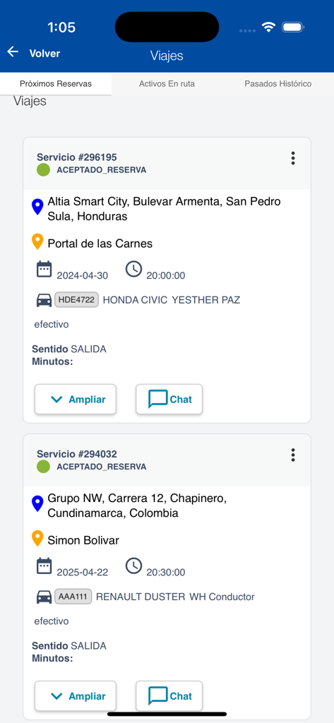 Interfaz de la aplicación Skoll que muestra una lista de próximas reservas de viajes con detalles del conductor y del vehículo
