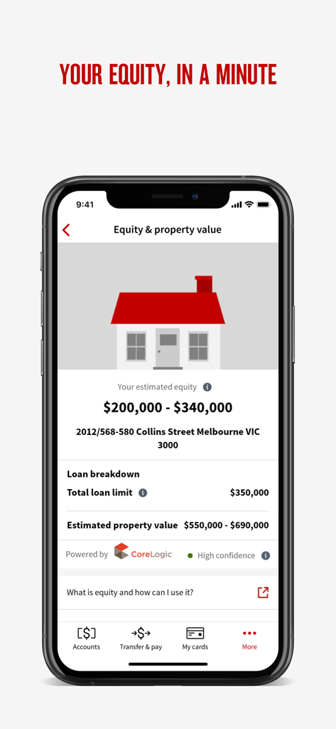 NAB Mobile Banking app interface displaying estimated property equity and home loan valuation details
